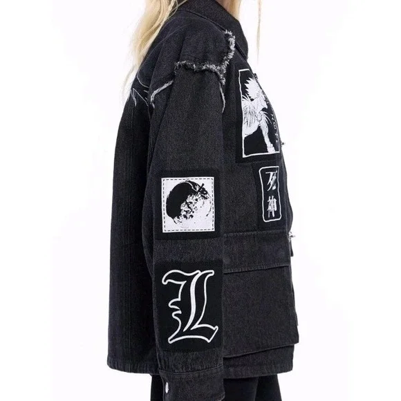 NEW Death Note Patches Cargo Womens LG Denim Black Jacket Dark Academia Gothic